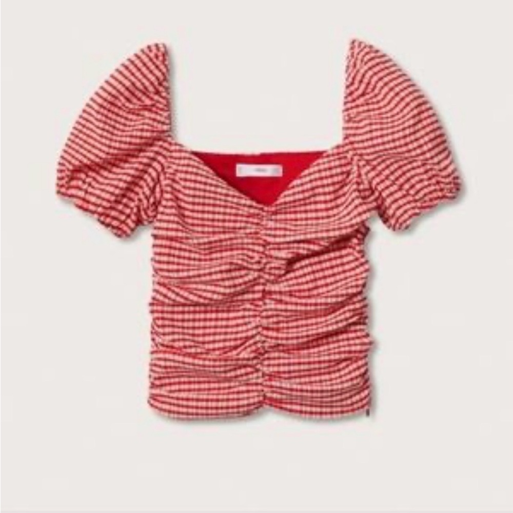 Gingham Mango red and white cute puff‎ sleeve top med